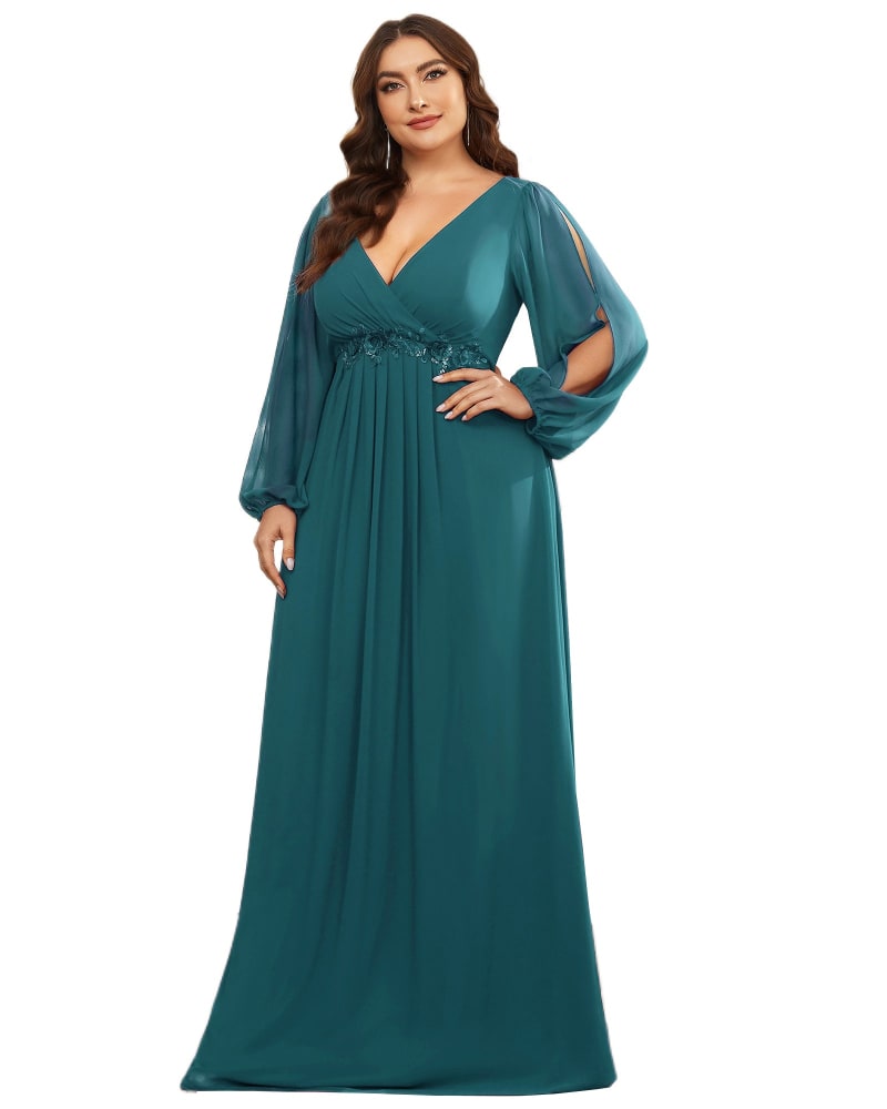Front of a model wearing a size 18 Chiffon V-Neckline Long Sleeve Formal Evening Dress in Teal by Ever-Pretty. | dia_product_style_image_id:328373